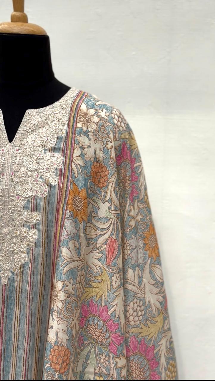 Blue floral Muslin semi stitched salwar suit