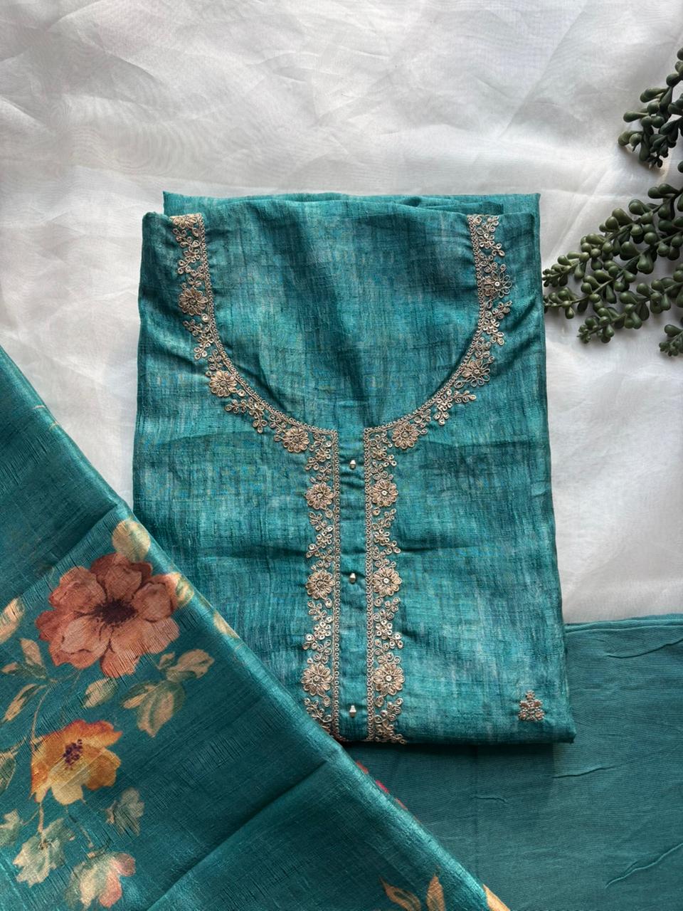 Light blue tussar unstitched salwar suit