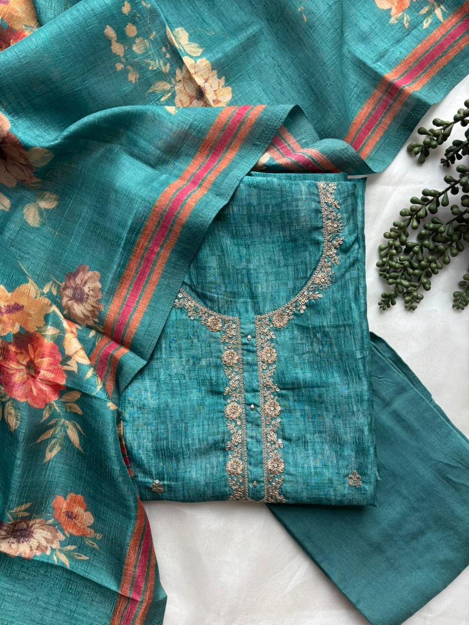 Light blue tussar unstitched salwar suit