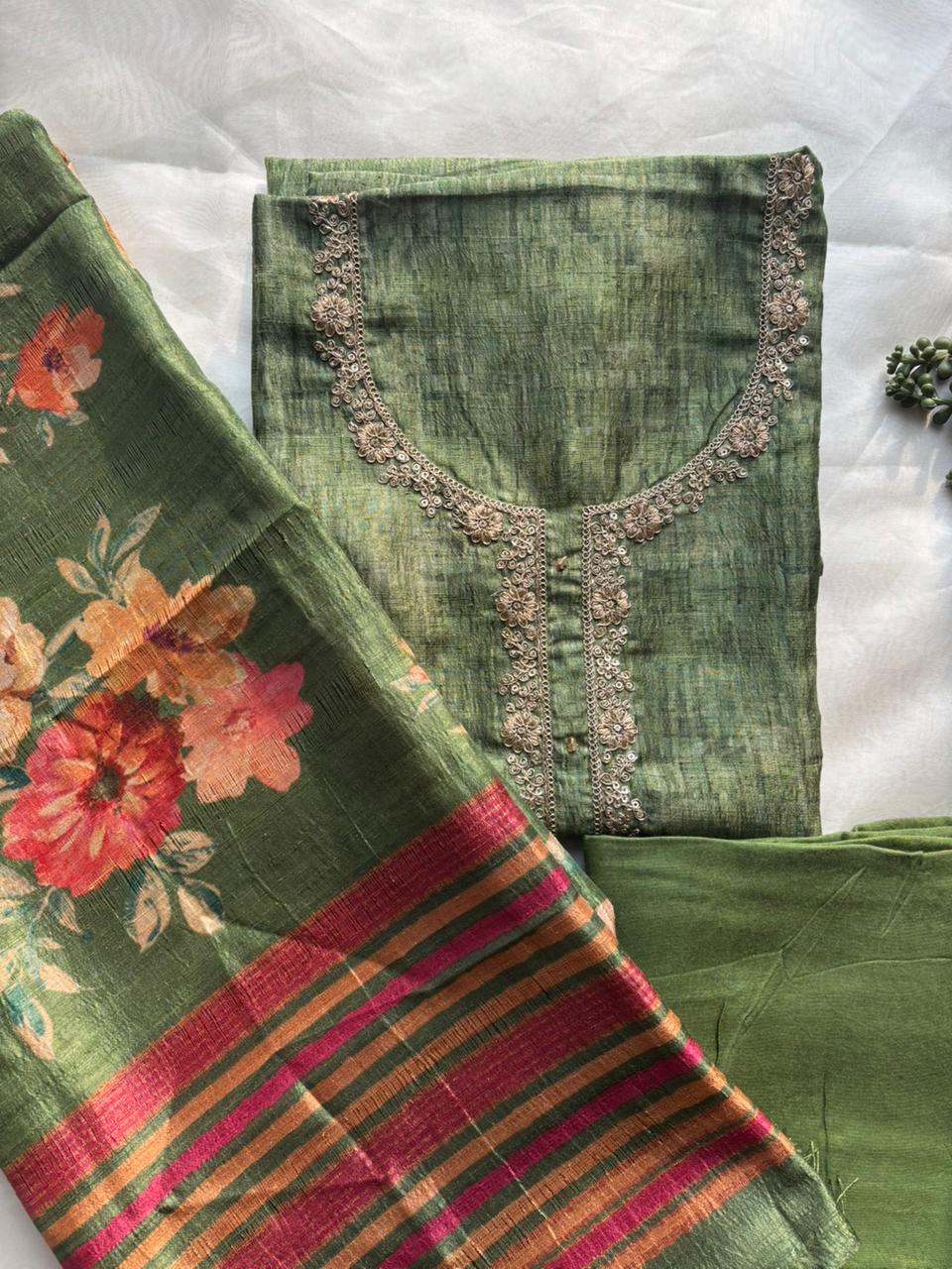Green tussar unstitched salwar suit