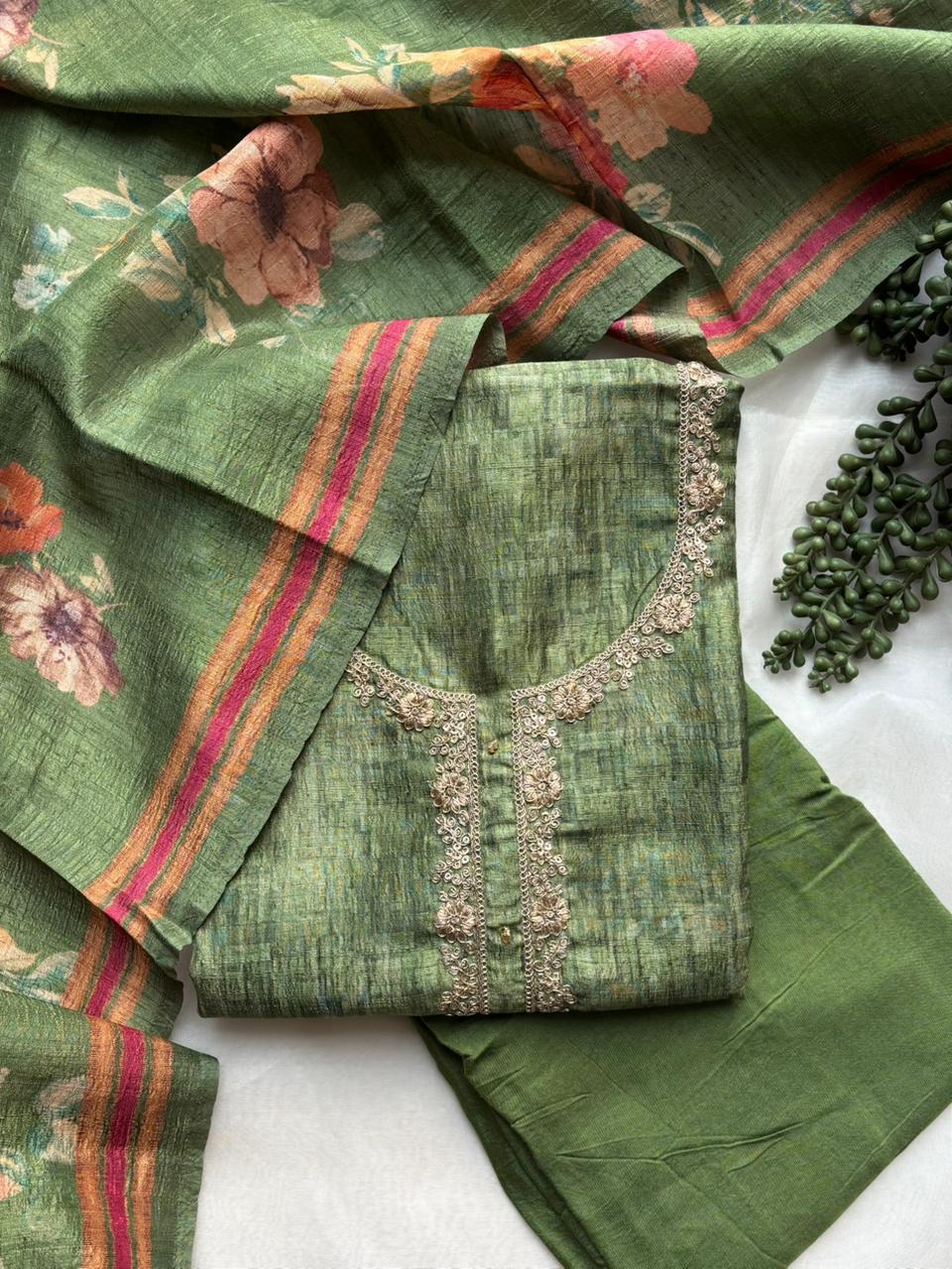 Green tussar unstitched salwar suit