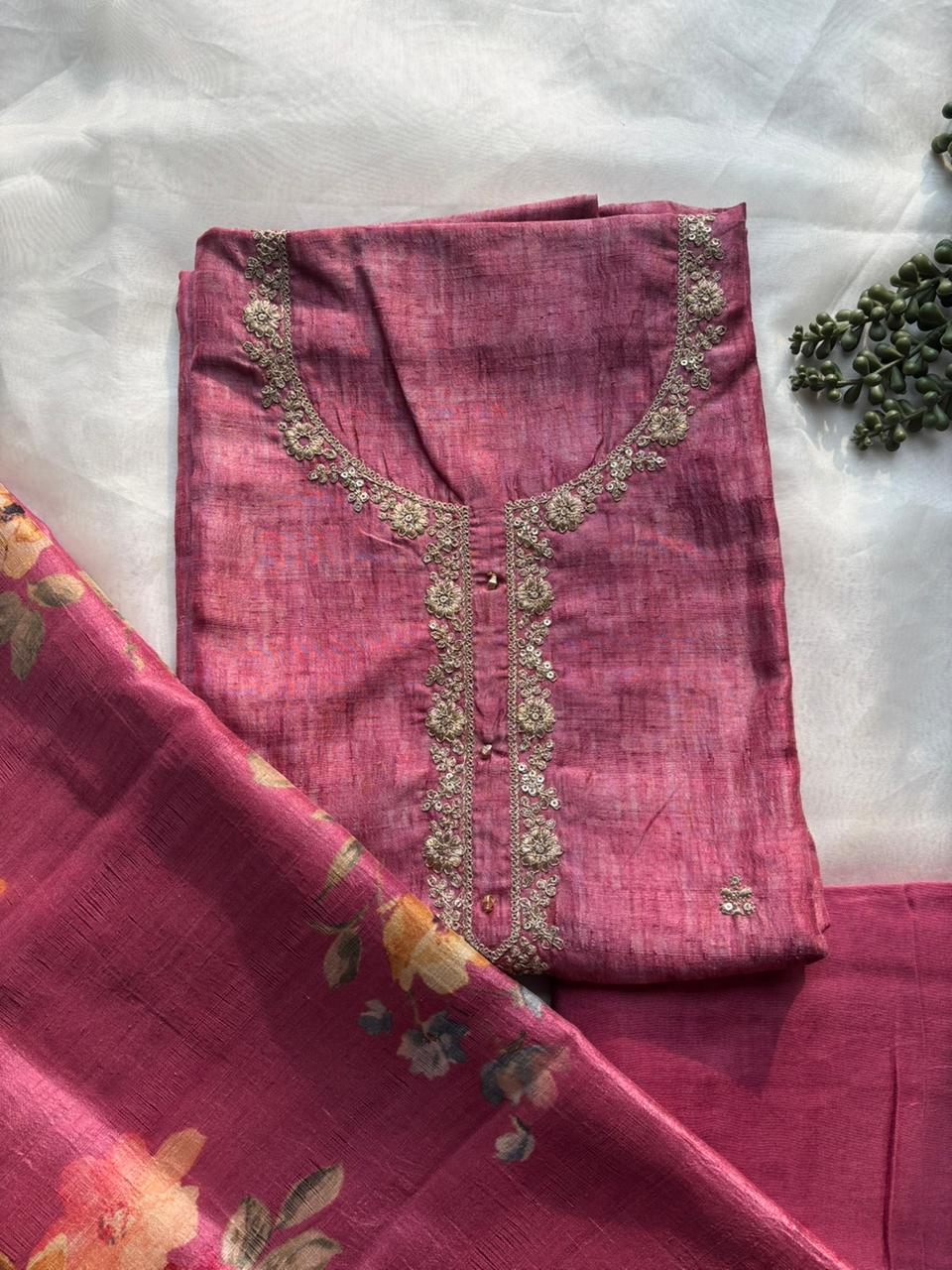 Onion pink tussar unstitched salwar suit