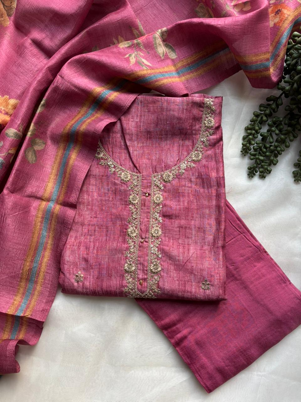 Onion pink tussar unstitched salwar suit