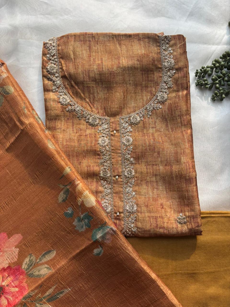 Mustard tussar unstitched salwar suit