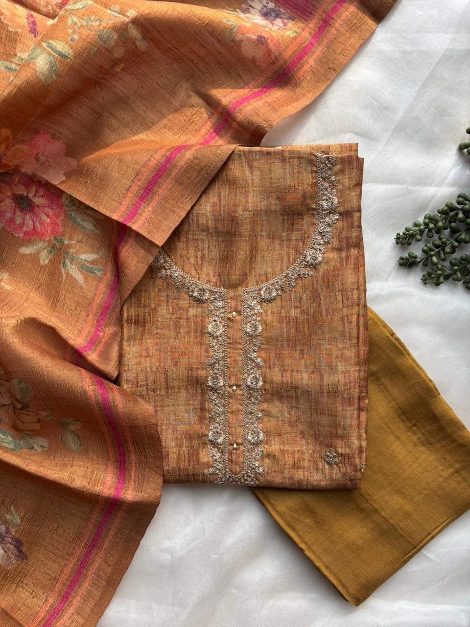 Mustard tussar unstitched salwar suit