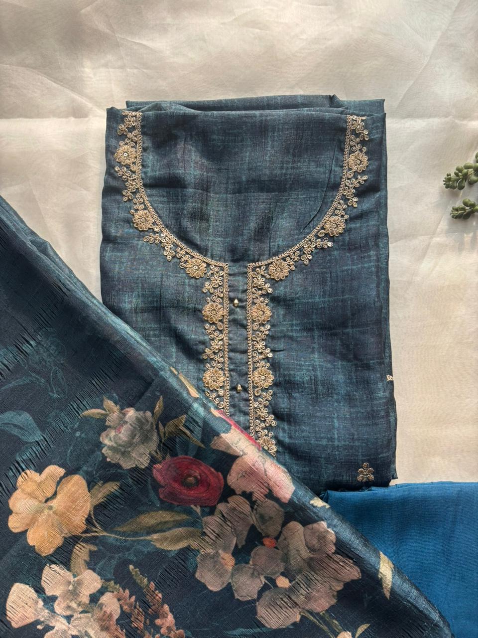 Dark blue tussar unstitched salwar suit