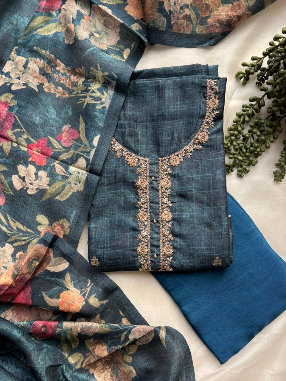Dark blue tussar unstitched salwar suit