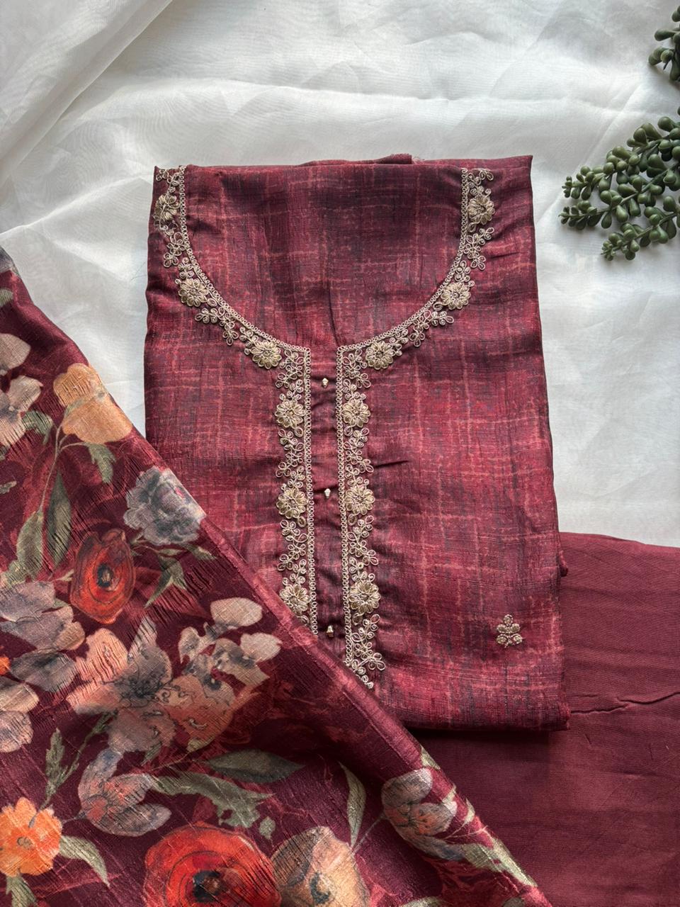 Magenta tussar unstitched salwar suit