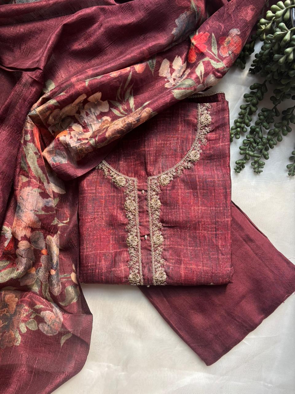 Magenta tussar unstitched salwar suit