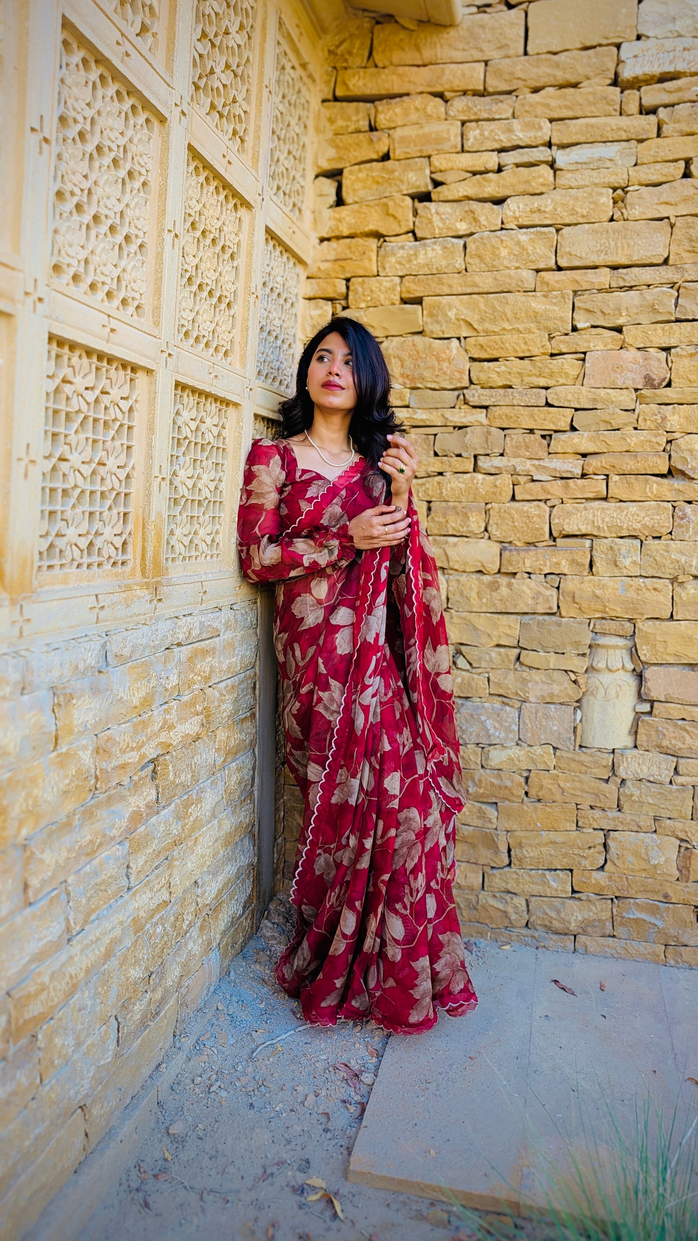 Maroon floral haze saree