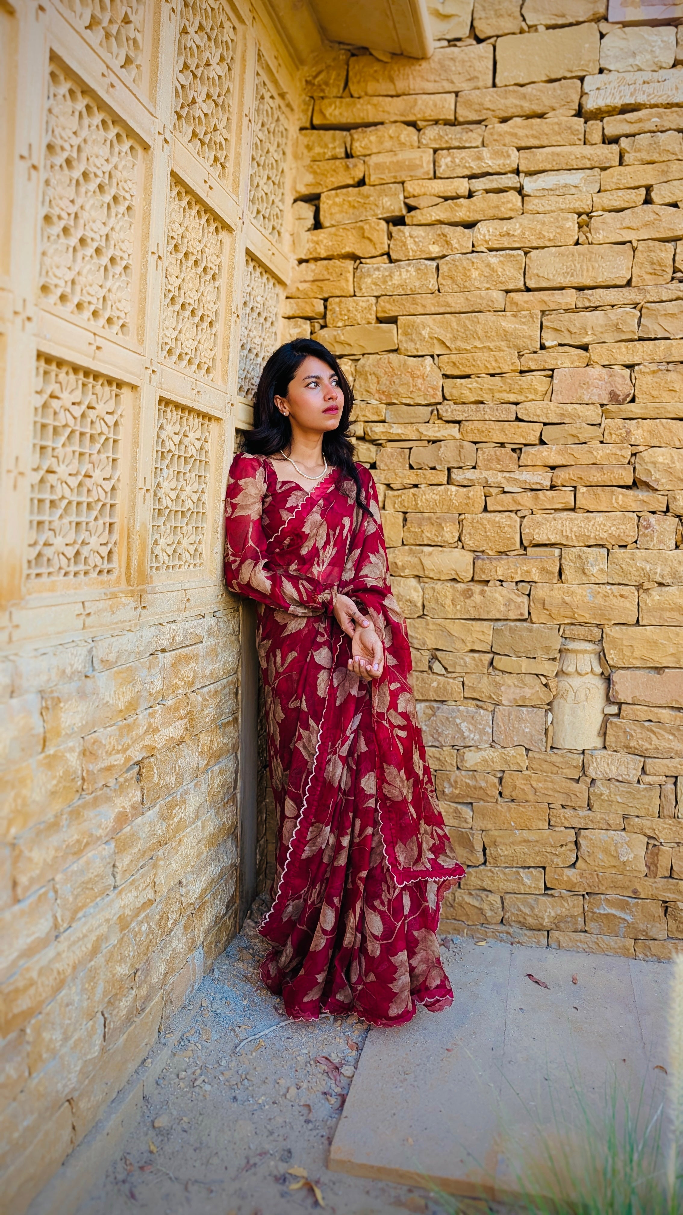 Maroon floral haze saree