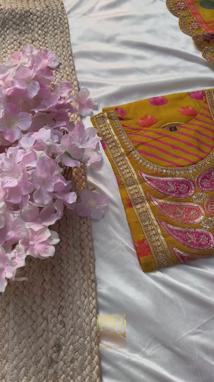 Organza Kurta Set with detailed embroidered neckline  Shatoon straight stitched pant  Organza dupatta with scalloped lace border