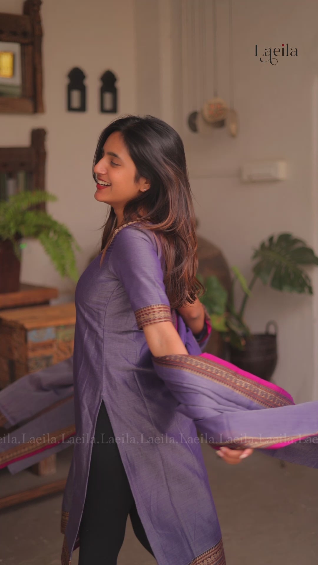 Lavender with Pink Border Malar Narayanpet Cotton Top & Dupatta Set