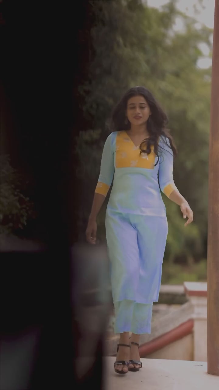 Blue Kurtha with yellow Organza Patch