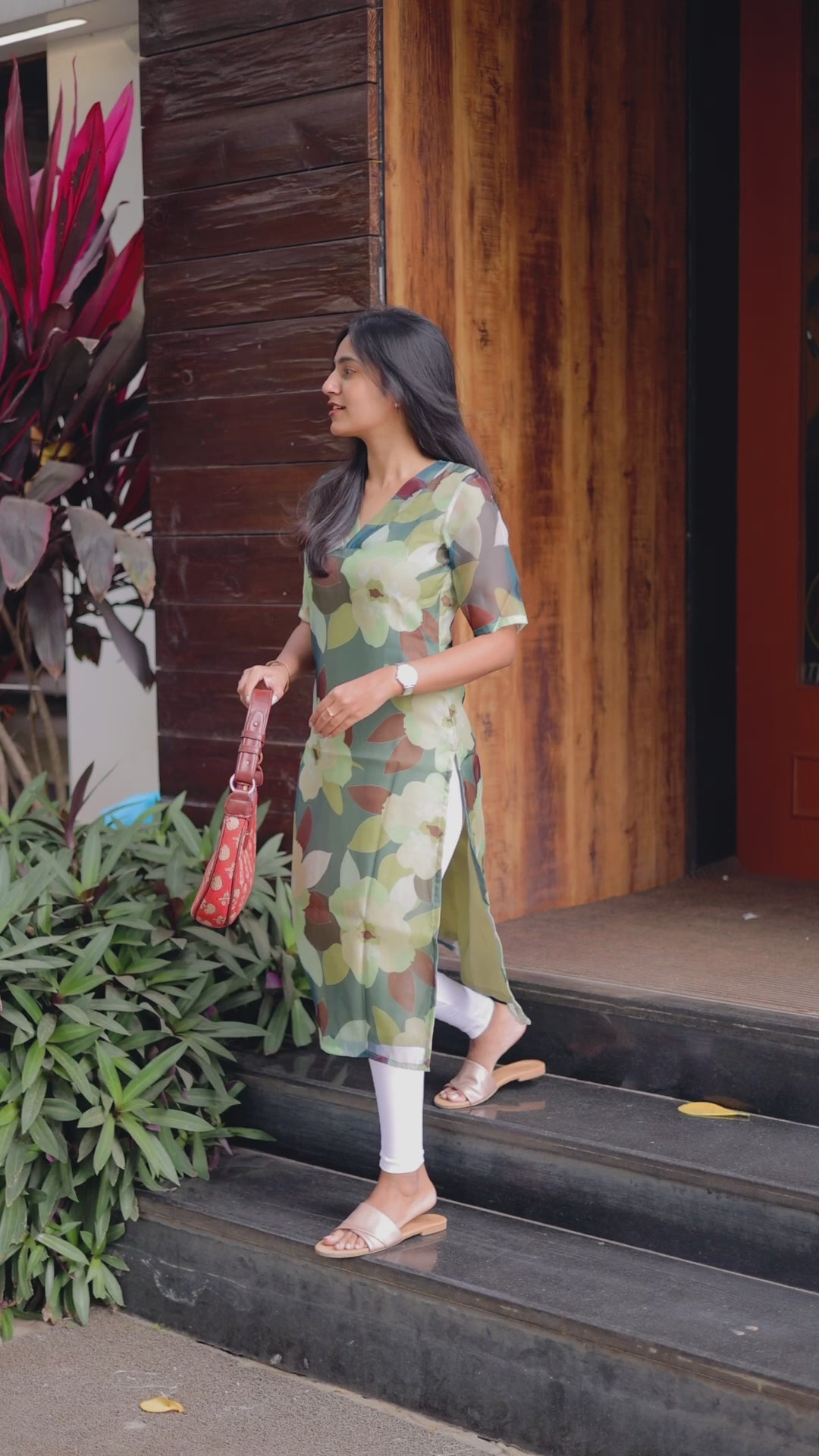 Dark Green Floral Organza Top