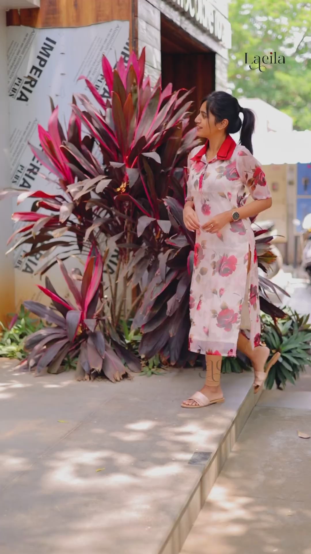 White floral with red double layer collar top