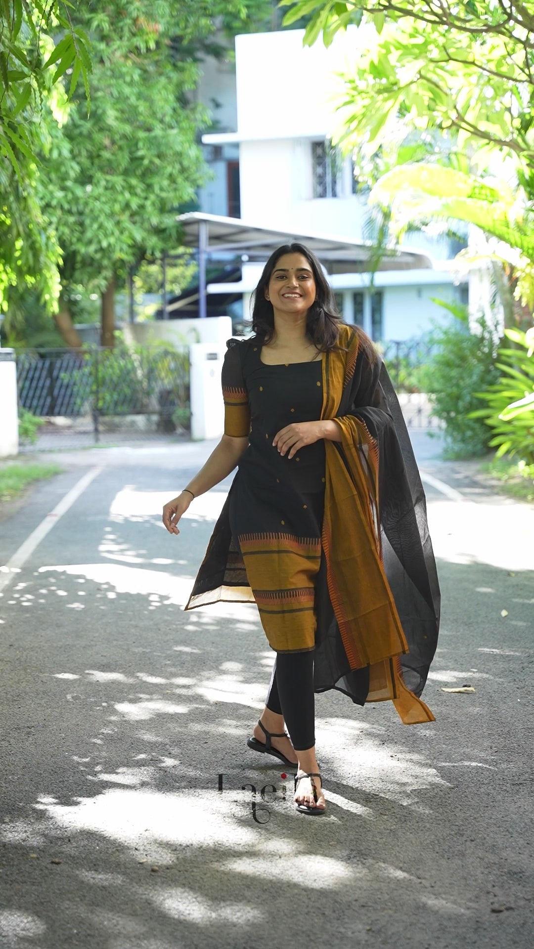 Black With Mustard Pure Kanchi Cotton Top & Dupatta