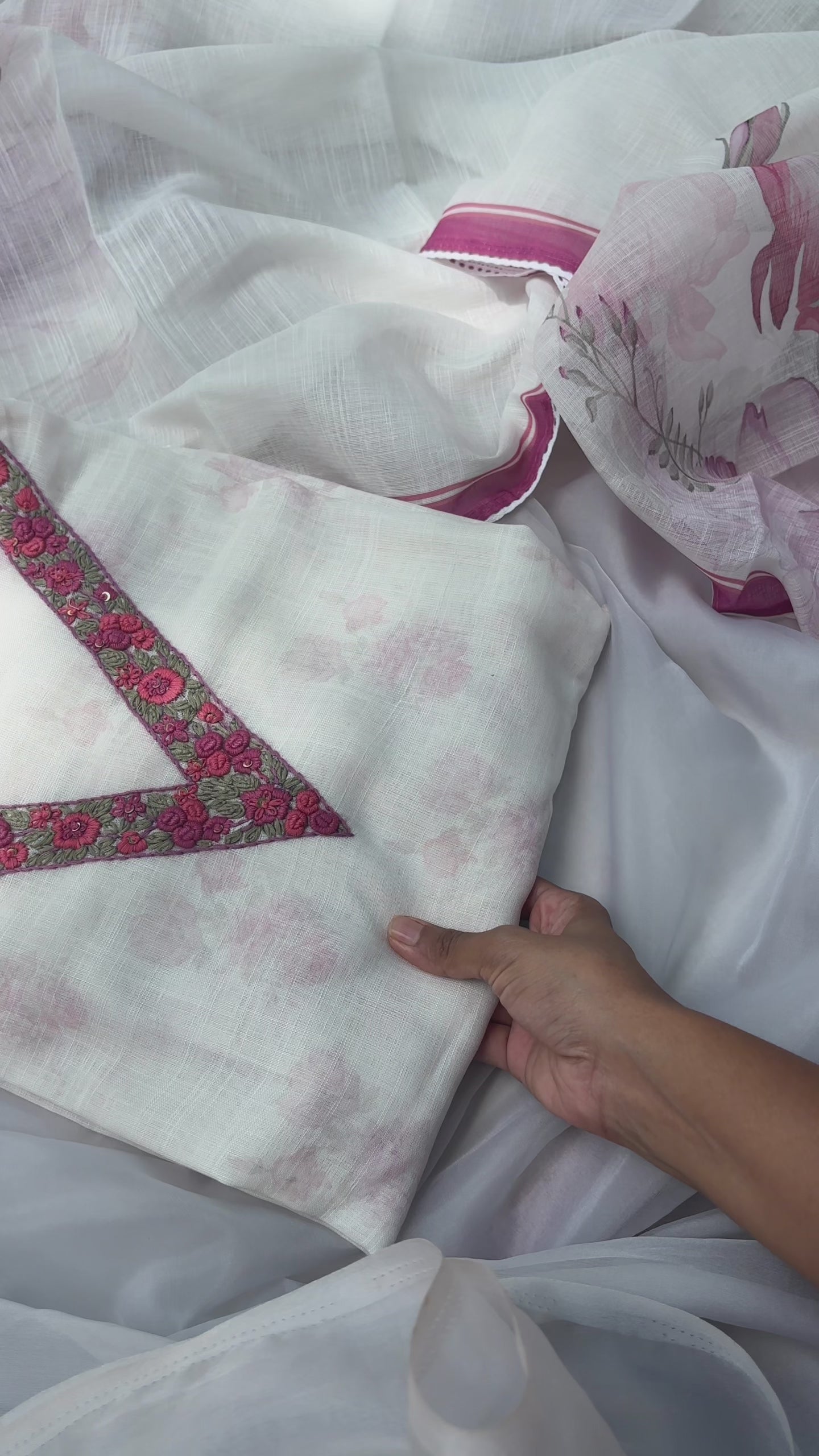 White Floral linen Semi stitched salwar set