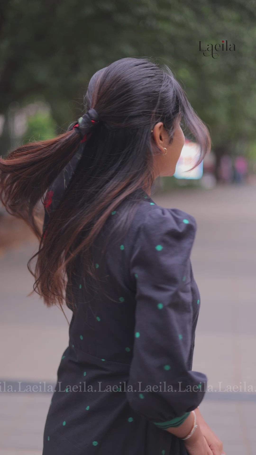 Black with green dots Alia cut Dress