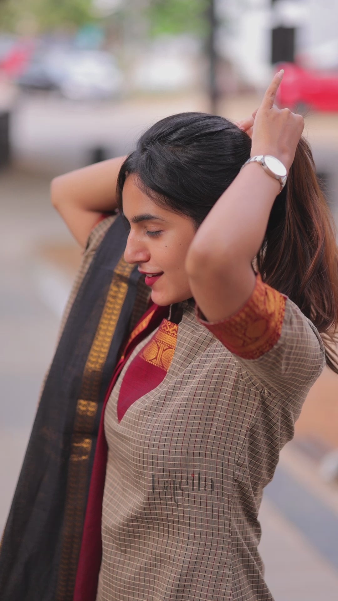 Grey Checked & Maroon Border Kanchi Cotton Top & Dupatta