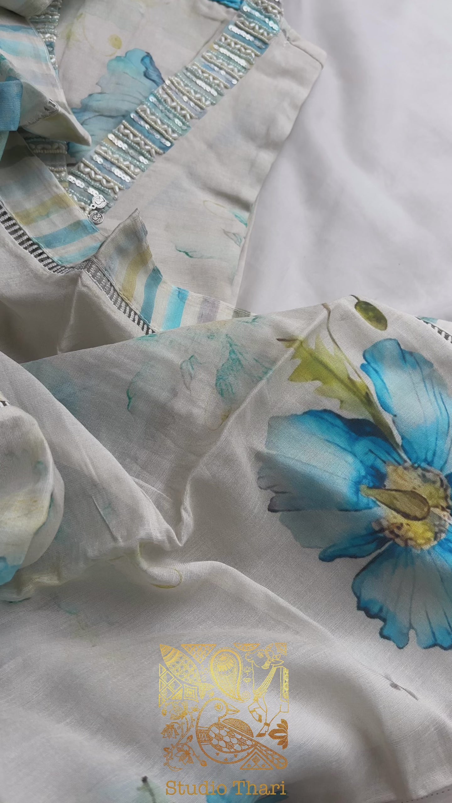 White with blue Floral Chanderi Fully stitched salwar set