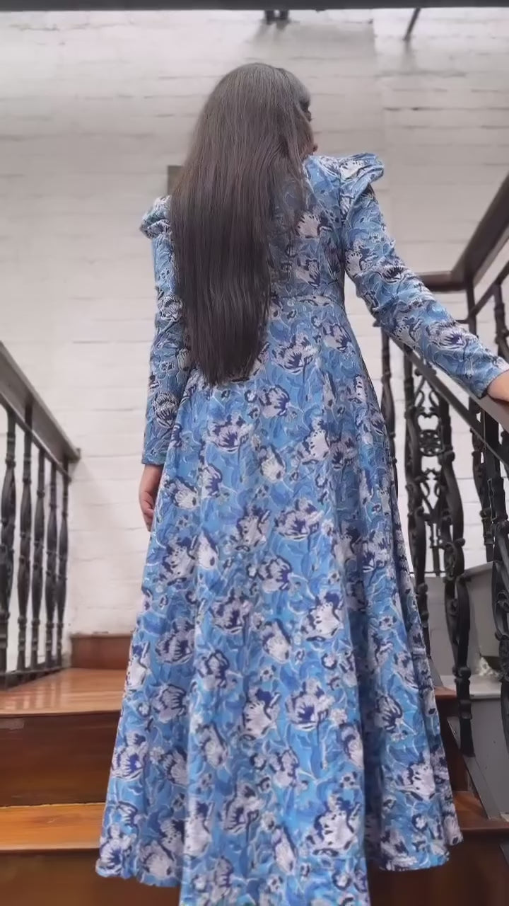 Blue Floral Frock with potli ball