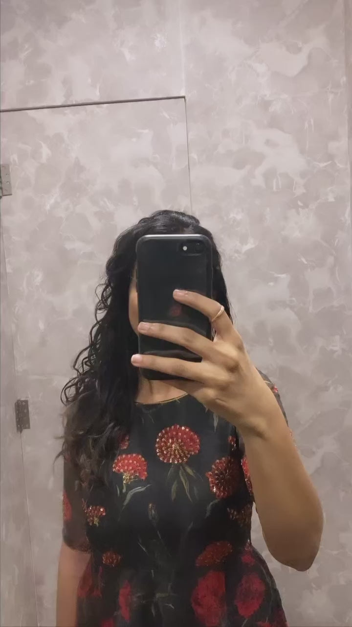 Black full length printed organza gown with embroidered yoke, Black & Red Long Frock