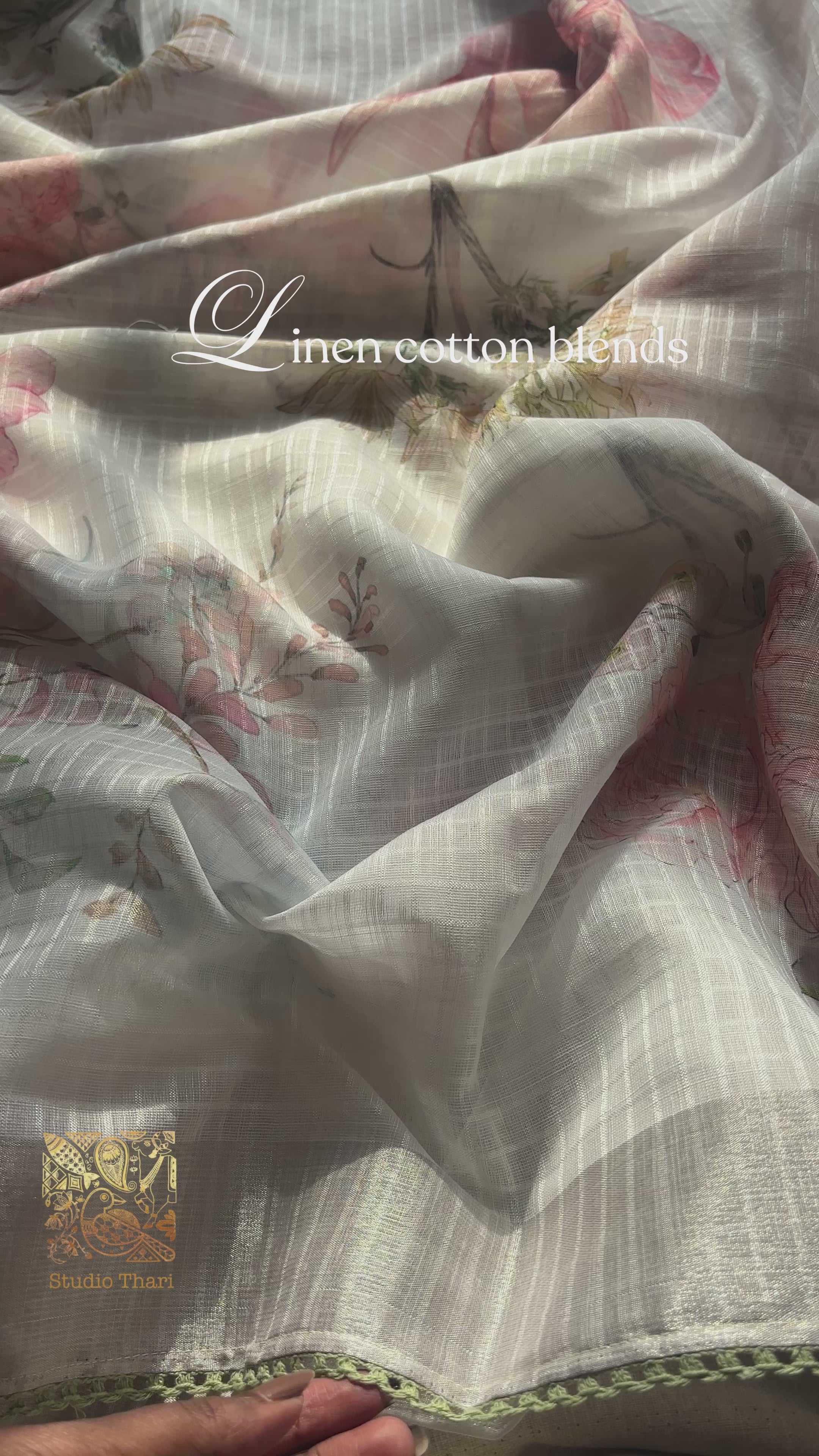 White linen cotton blend with Pink Lace Saree