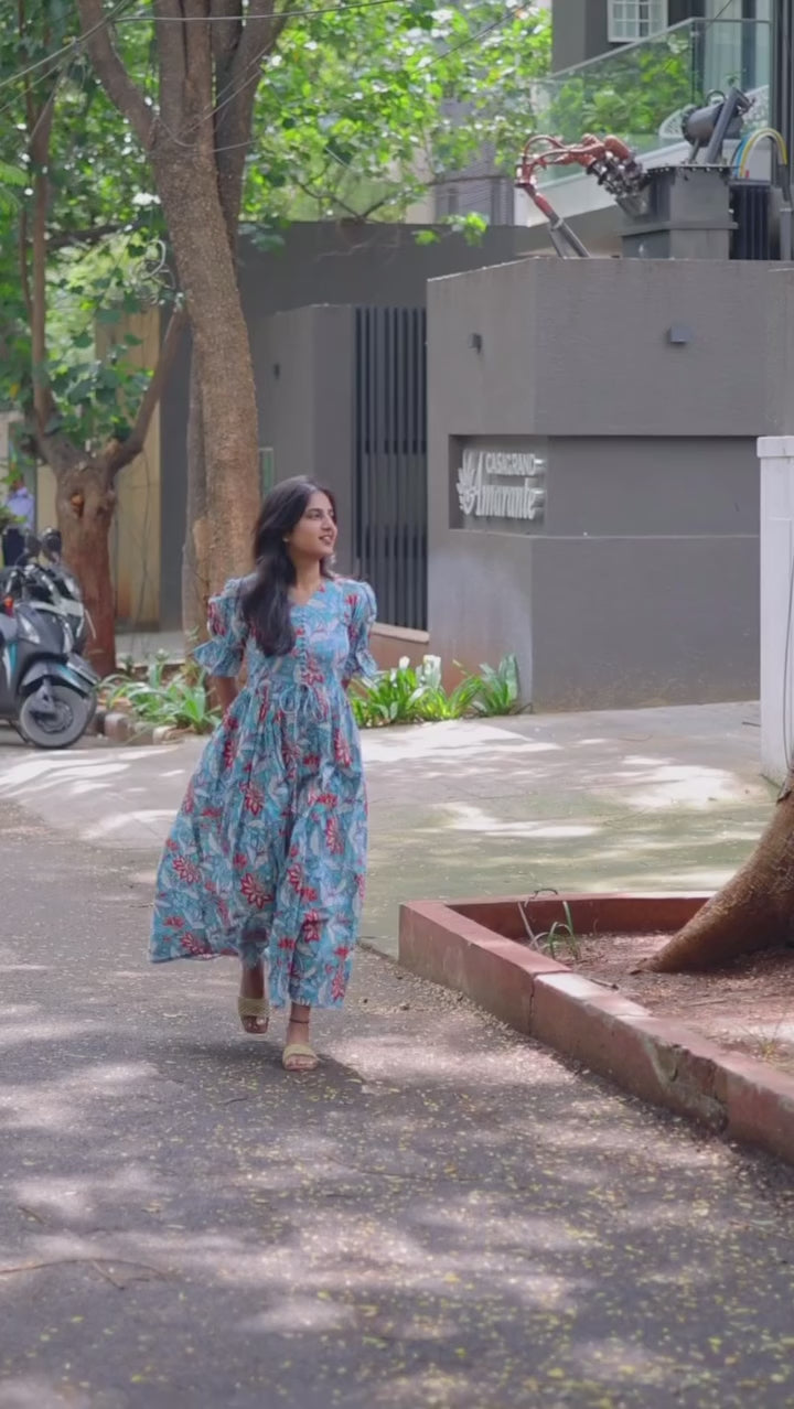 Peach Floral Long Gown with yoke